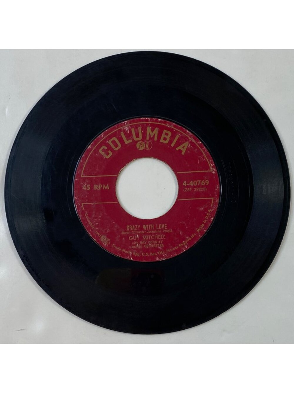 Vintage 45 RPM Vinyl Record Guy Mitchell "Crazy With Love / "Singing The Blues"